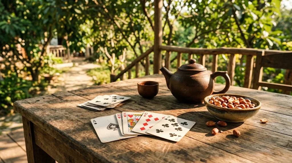 Bộ bài trên bàn gỗ ngoài hiên nhà