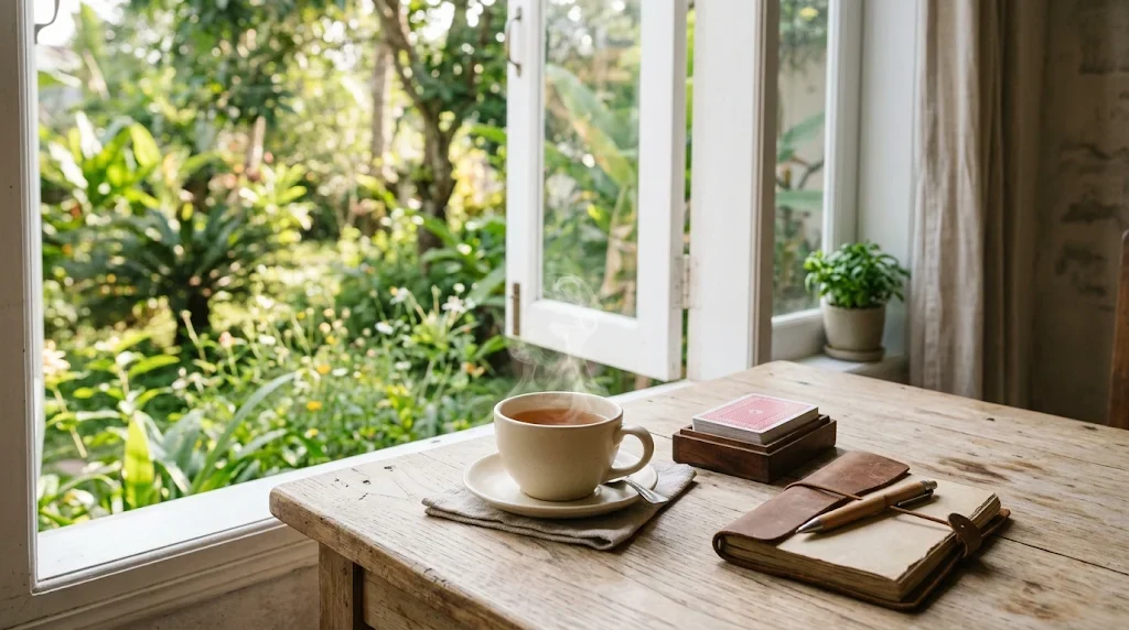 Tách trà và bộ bài bên cửa sổ buổi chiều