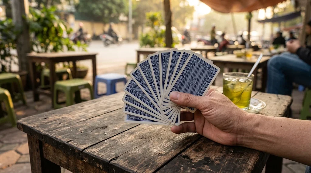 Bàn tay cầm mười lá bài sâm xếp quạt