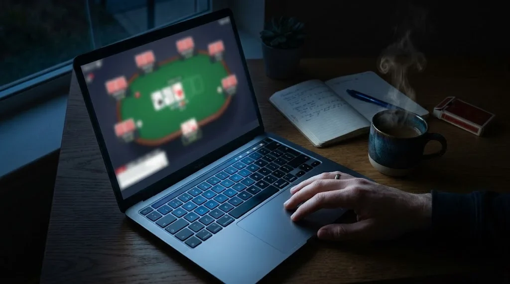 Laptop hiển thị bàn bài trong phòng tối