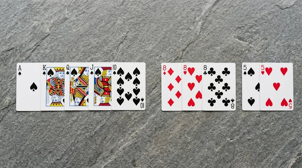Lá bài cùng chất và bộ ba cùng số trên bàn đá